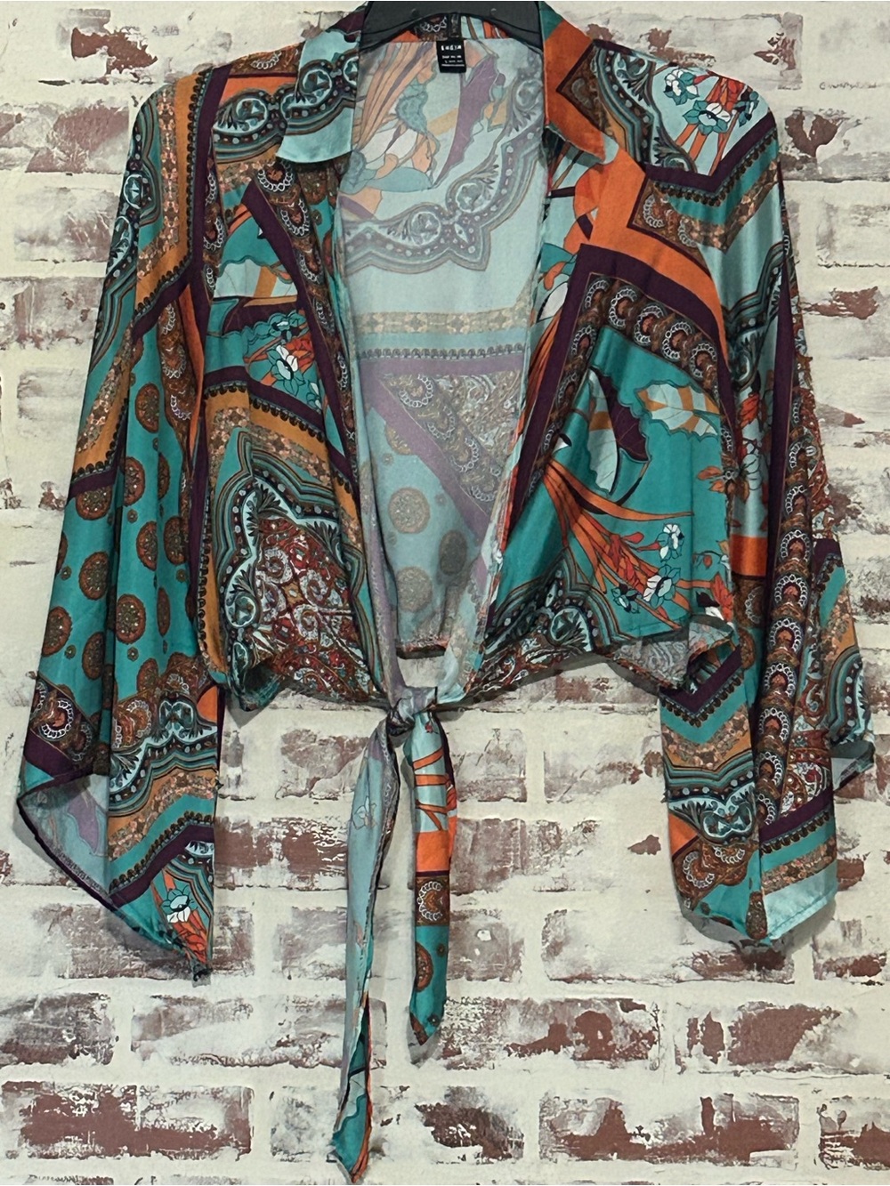 Patterned Tie-Front Paisley Blouse in Teal & Orange